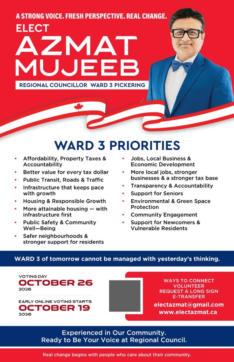 Elect Azmat Mujeeb Ward 3 campaign poster with campaign priorities and voting dates